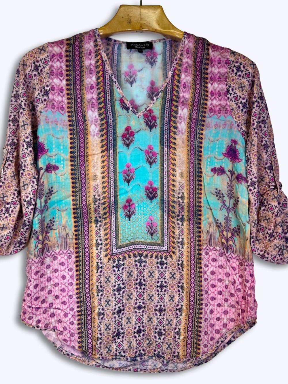 Feathers by Tolani Womens XL Boho Patchwork Floral 100% Modal Blouse Tunic Top